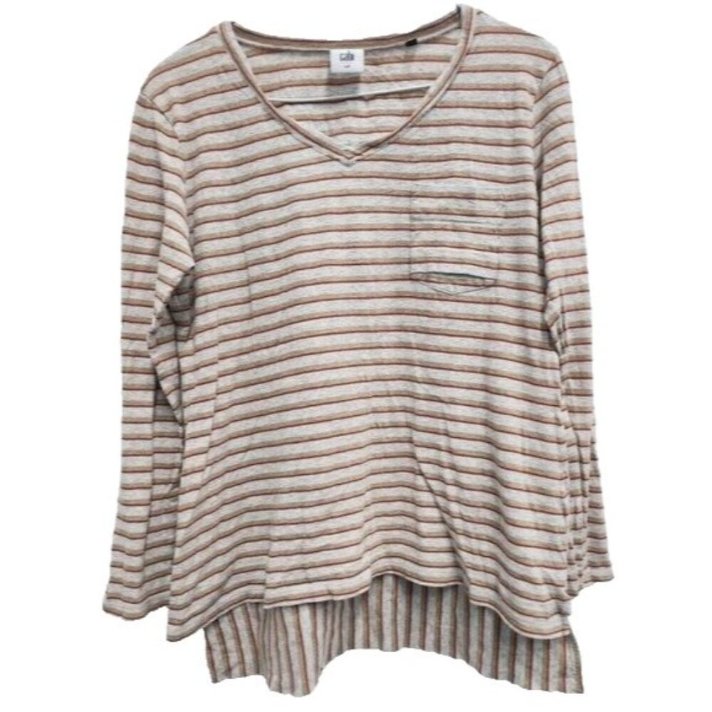 Cabi Womens Skipper T-Shirt Medium‎ Gray Tan Striped V-Neck Long Sleeve Top 3055